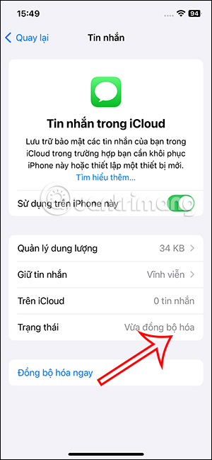 Thông báo đã đồng bộ tin nhắn lên iCloud