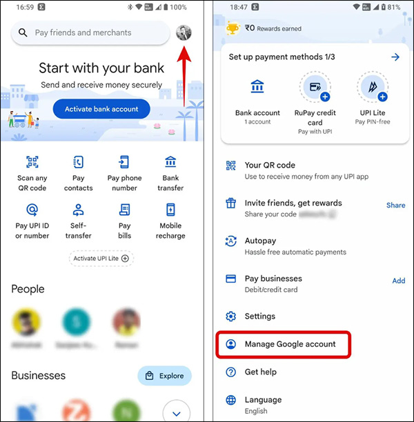 Truy cập quản lý tài khoản Google