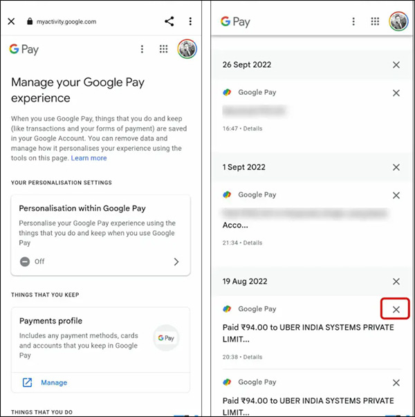 Xóa lịch sử giao dịch trên Google Pay