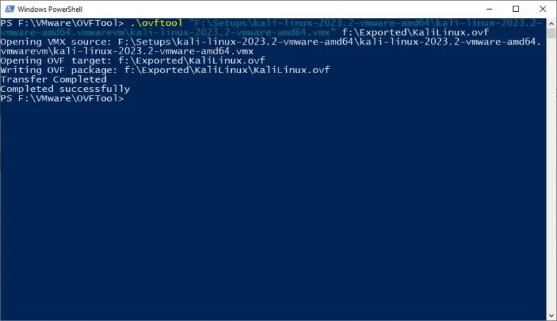 Cửa sổ PowerShell với lệnh xuất OVF