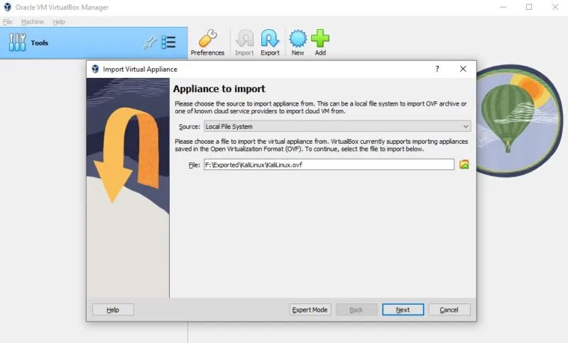 Trình hướng dẫn nhập máy ảo VirtualBox
