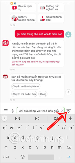 Gửi câu hỏi cho ChatGPT My Viettel