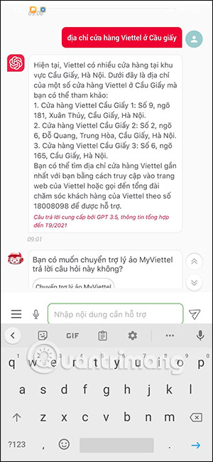Phản hồi của trợ lý ảo ChatGPT My Viettel