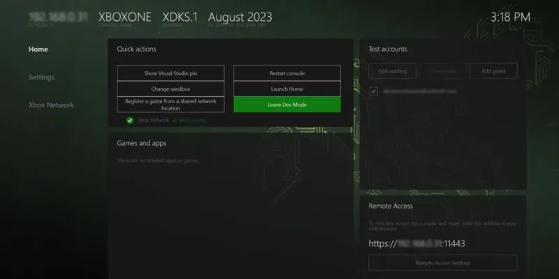 Màn hình chính của Dev Mode Xbox