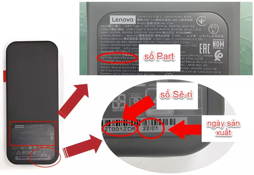 Cách đọc thông số sản phẩm của bộ sạc dự phòng Lenovo Go USB-C Power Bank.