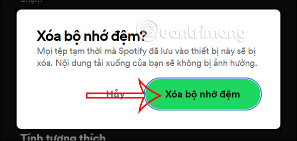 Thông báo xóa bộ nhớ đệm Spotify trên máy tính
