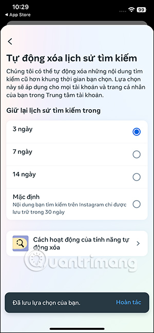 Thời gian xóa lịch sử tìm kiếm Instagram tự động