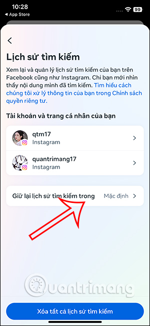 Chọn giữ lại lịch sử tìm kiếm trên Instagram