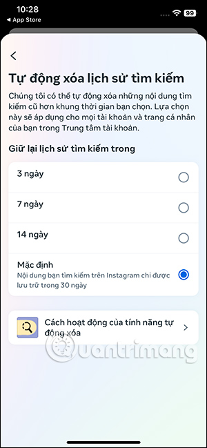 Thời gian xóa lịch sử tìm kiếm Instagram tự động
