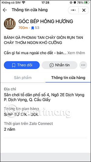 Địa chỉ cửa hàng trên Zalo