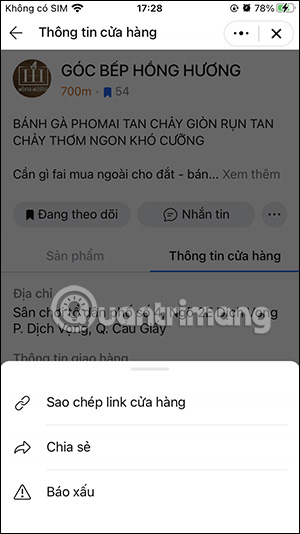 Tùy chọn cửa hàng trên Zalo