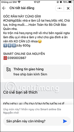 Thông tin bán đồ ăn trên Zalo