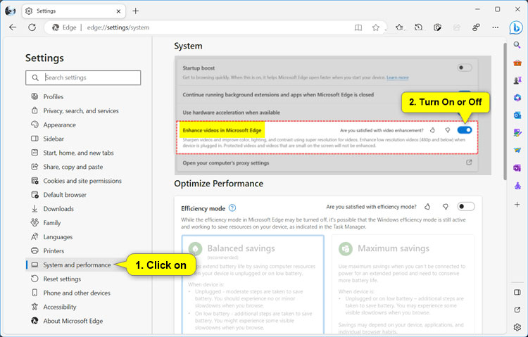 Bật/tắt tính năng Video Super Resolution (VSR) trong cài đặt Microsoft Edge
