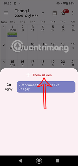 Thêm sự kiện trong ứng dụng