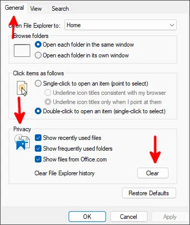 Xóa lịch sử vĩnh viễn khỏi Windows File Explorer trong Windows 10/11 qua tab General.