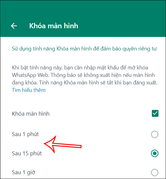 Thời gian khóa màn hình WhatsApp web