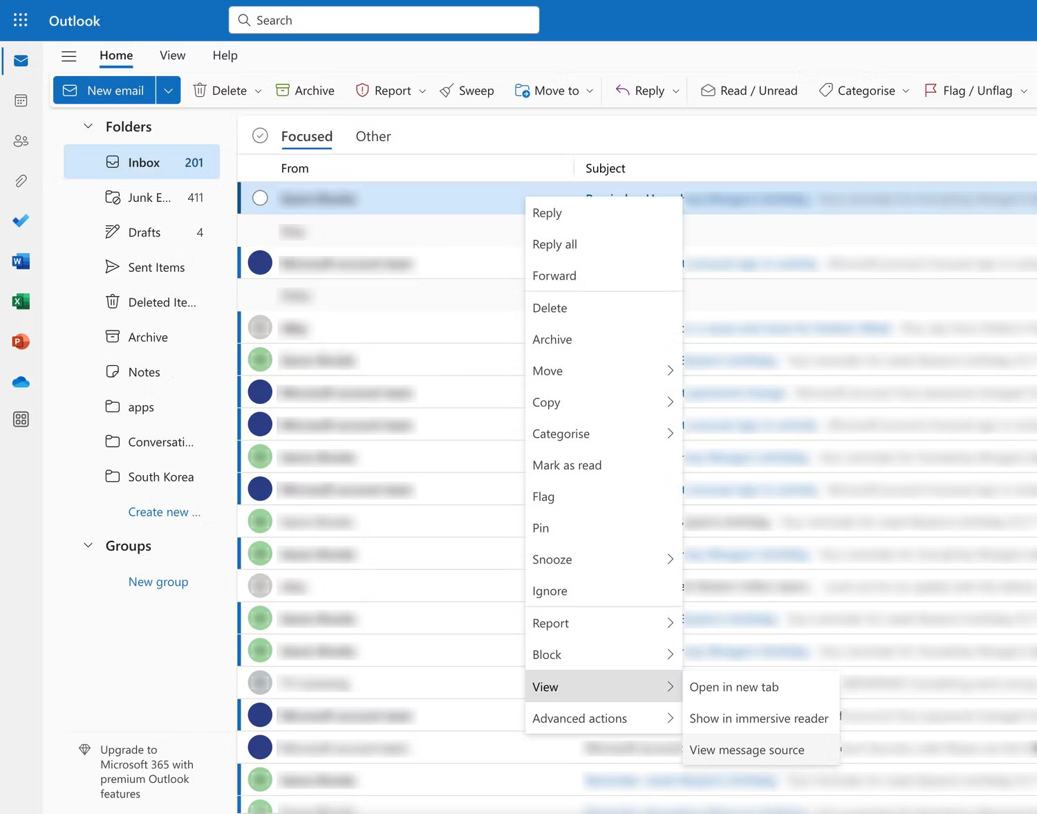 Cách xem nguồn thư email trong Outlook