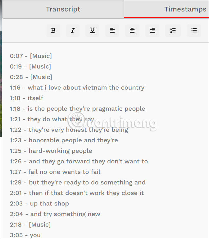 Phụ đề video YouTube kèm thời gian trên Transcriptal
