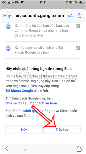 Zalo accesses Google Drive 