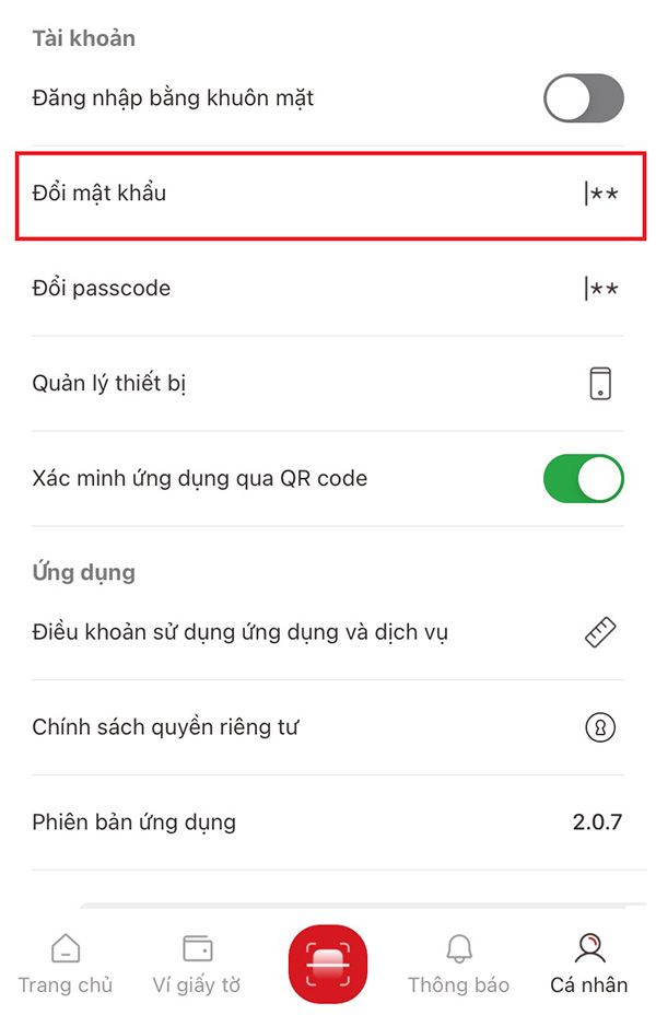 Đổi mật khẩu VNeID