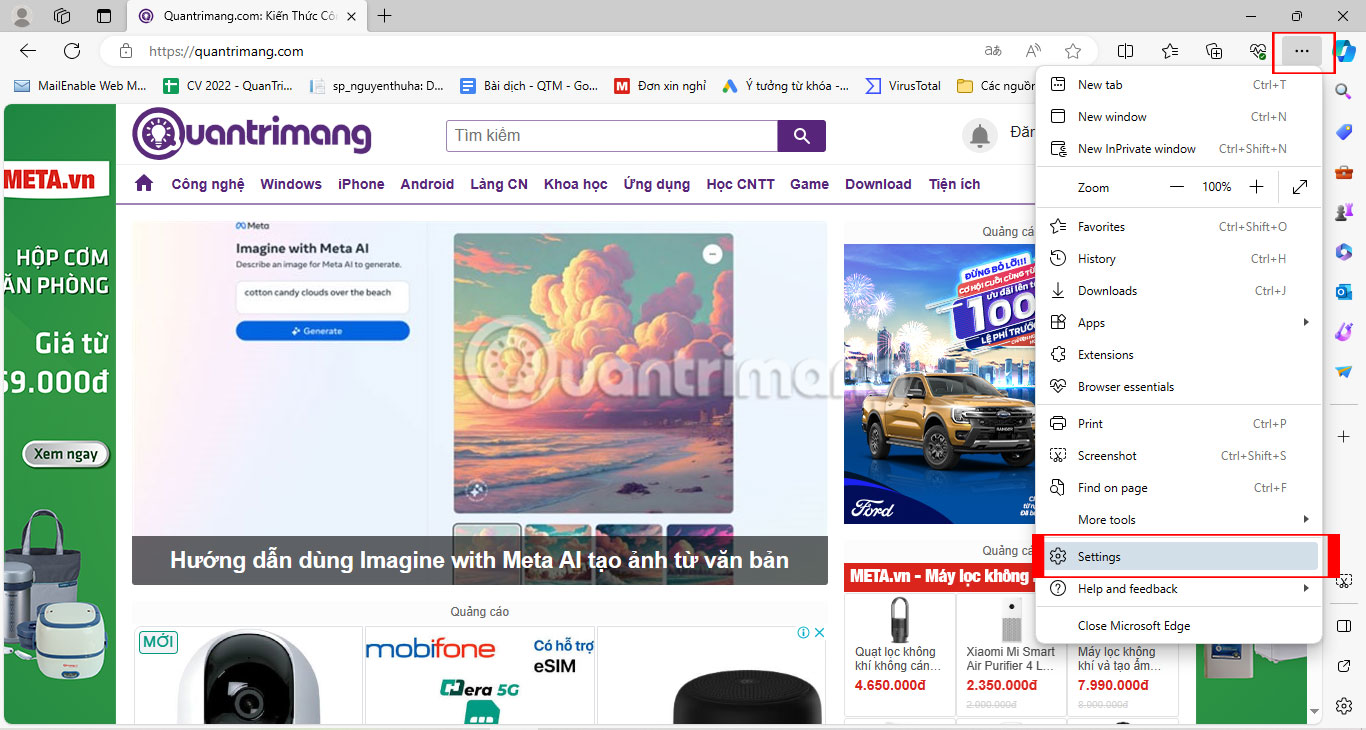 Vào cài đặt Microsoft Edge