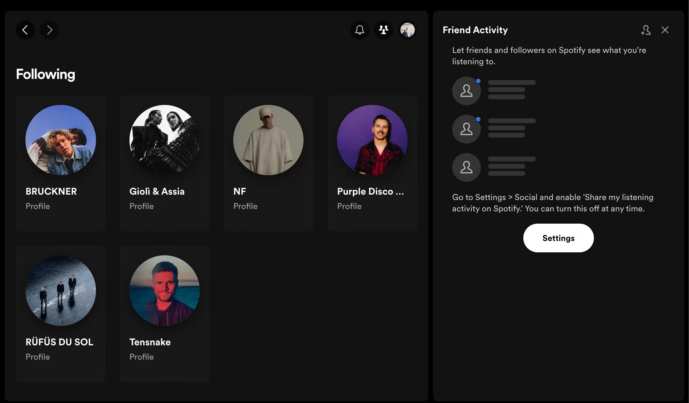Danh sách theo dõi và danh sách bạn bè đặt cạnh nhau trên Spotify