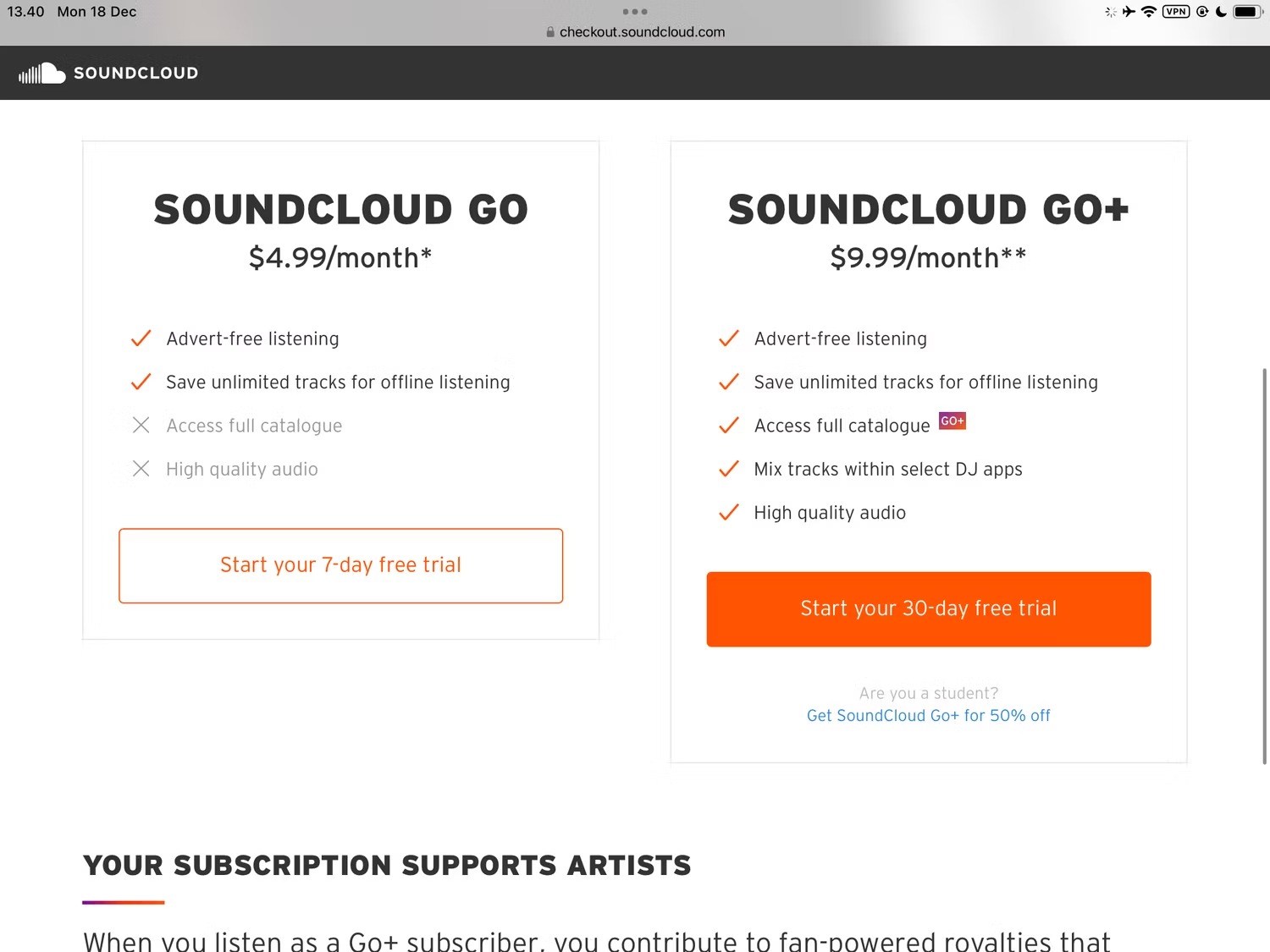 Các gói giá cao cấp khác nhau trên SoundCloud