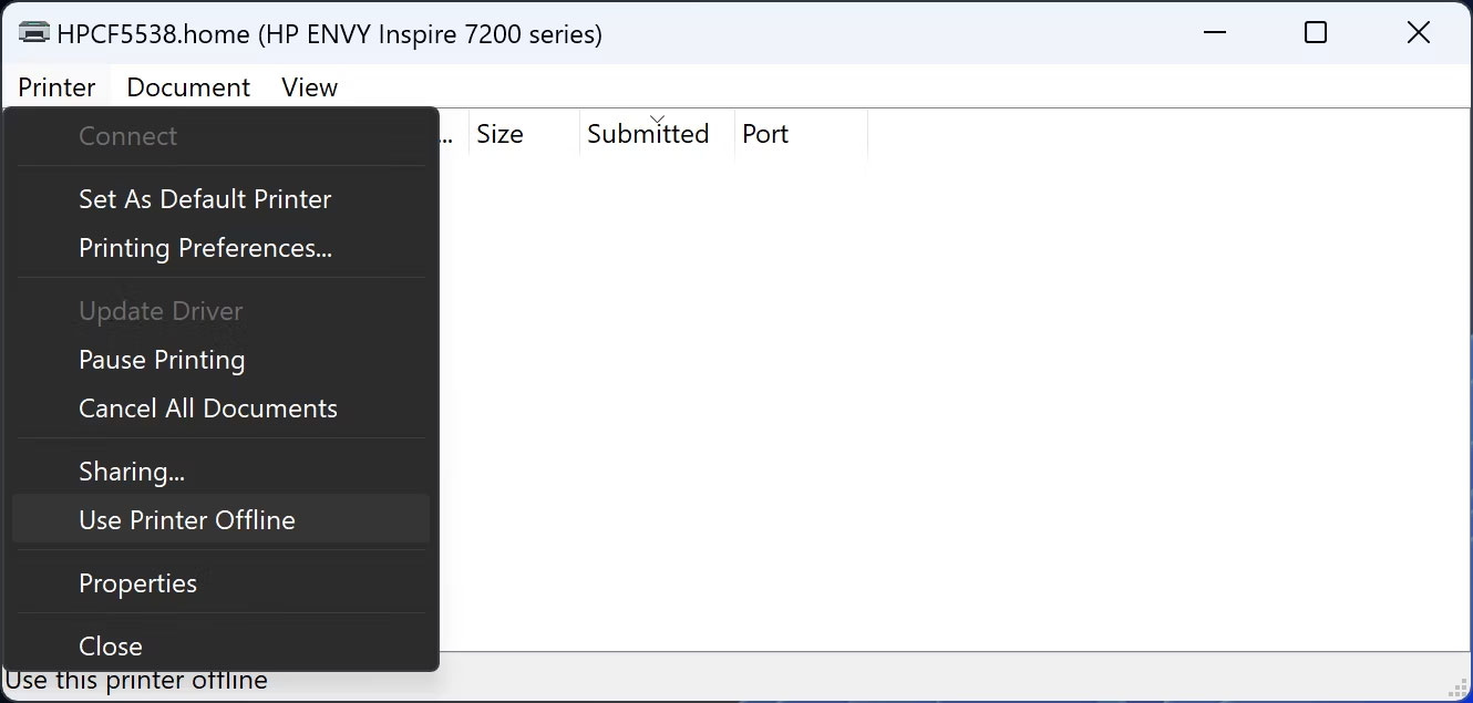 Use Printer Offline được bôi đen trên Windows 11