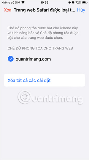 Xóa danh sách trang web tắt Lockdown Mode
