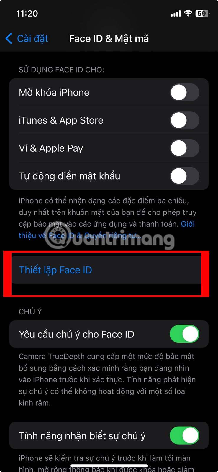 Chọn Thiết lập Face ID