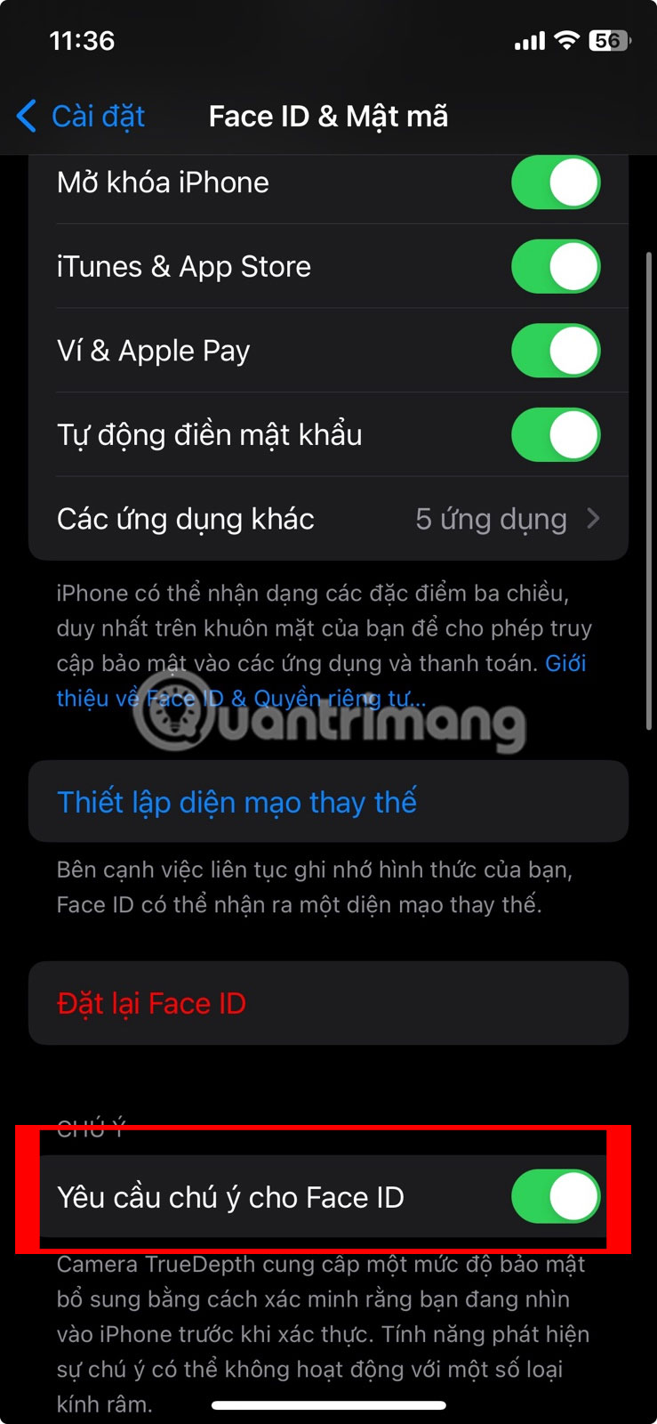 Bật Yêu cầu chú ý cho Face ID