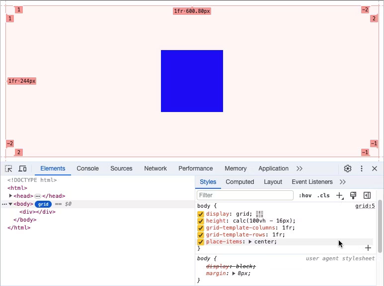 Một hình vuông màu xanh lam ở giữa trang web có Chrome Dev Tools hiển thị HTML và CSS