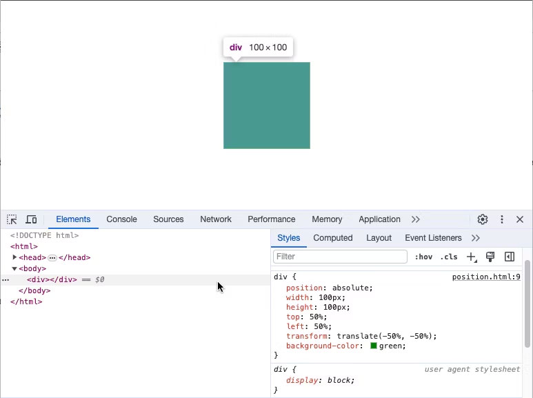 Một hình vuông màu xanh lục ở giữa trang web có Chrome Dev Tools hiển thị HTML và CSS
