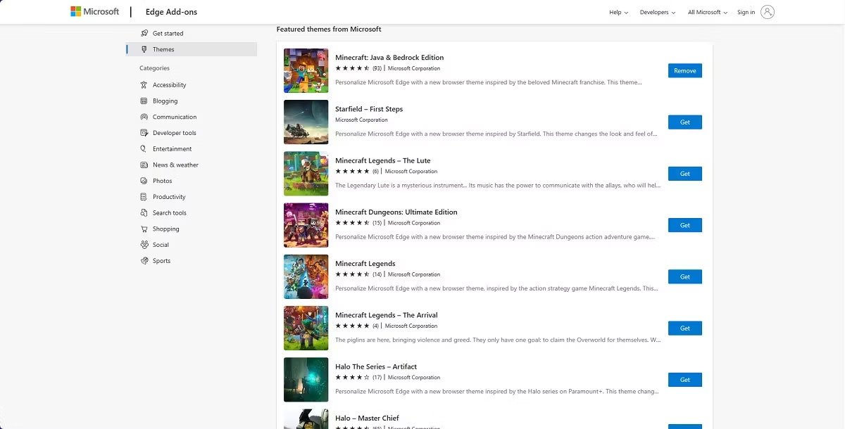 Theme game trên Microsoft Edge