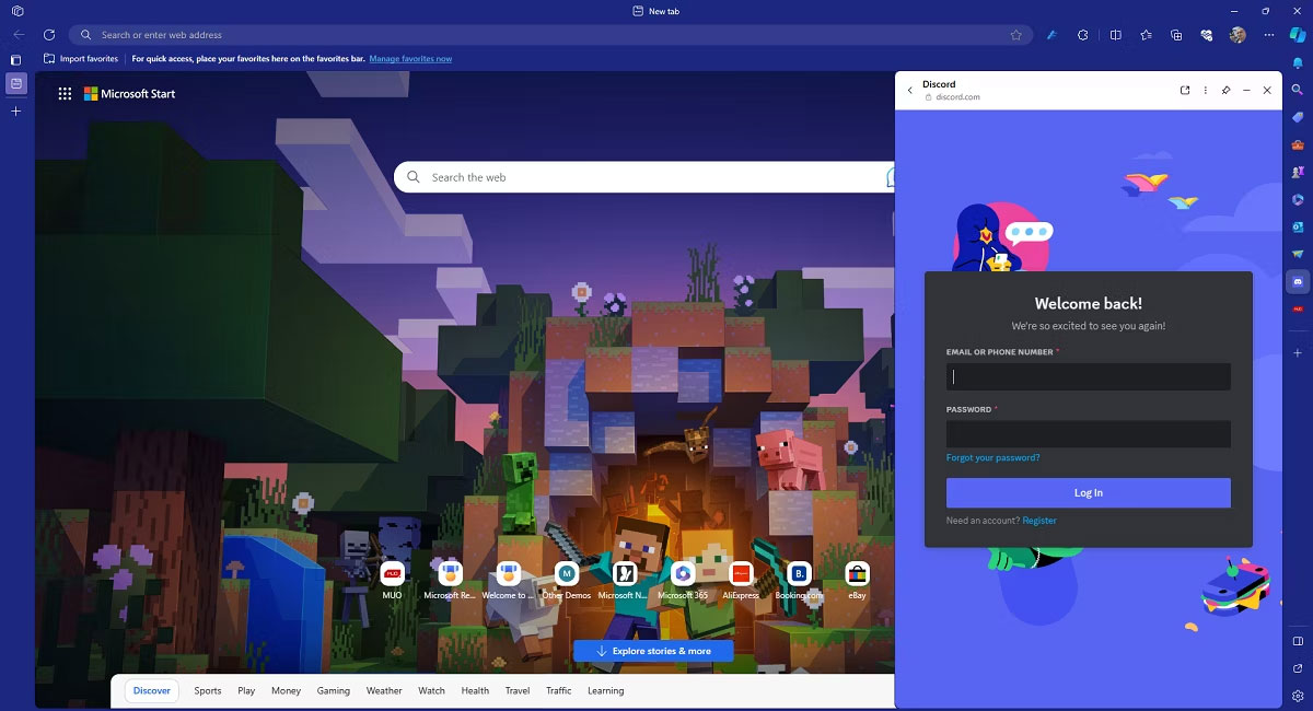 Microsoft Edge Discord trong sidebar