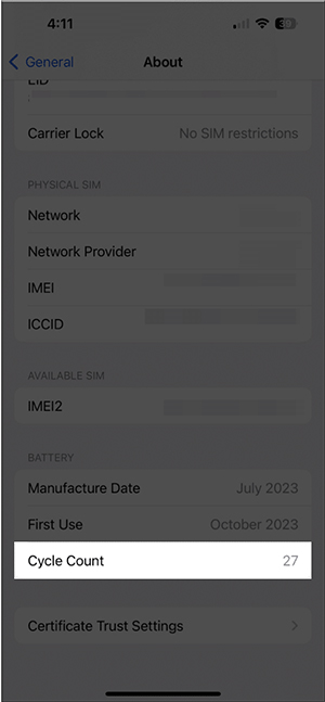 Kiểm tra số lần sạc pin iPhone 15