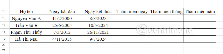 Bảng thâm niên trong Google Sheets