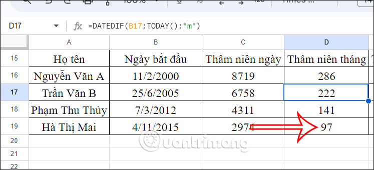 Tính thâm niên theo tháng tới hiện tại