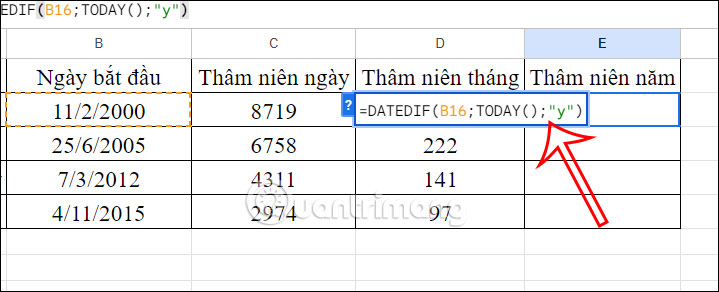Tính thâm niên theo năm tới hiện tại