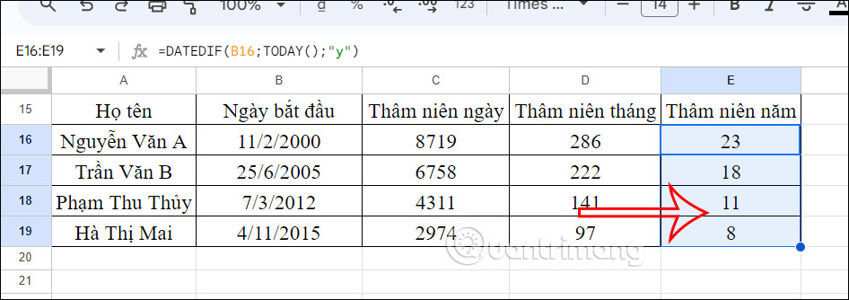 Thâm niên theo năm tới hiện tại
