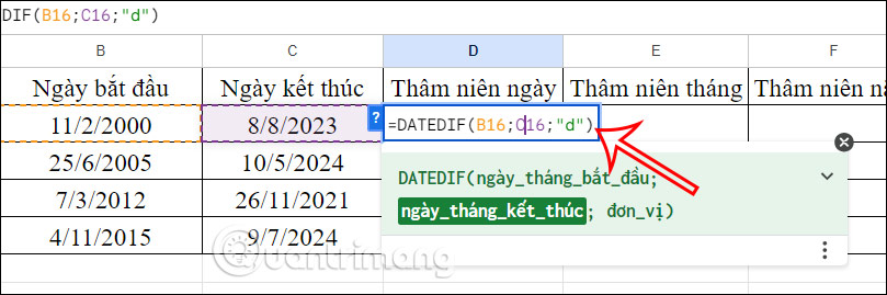 Tính thâm niên theo ngày Google Sheets