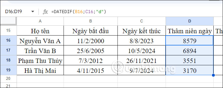 Thâm niên theo ngày Google Sheets