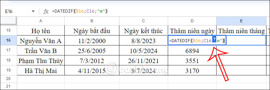 Tính thâm niên theo tháng Google Sheets