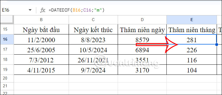 Thâm niên theo tháng Google Sheets
