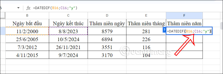 Tính thâm niên theo năm Google Sheets