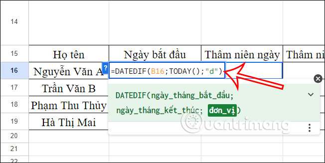 Tính thâm niên theo ngày tới hiện tại