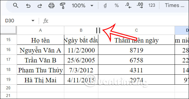 Chọn cột cần chỉnh chiều rộng Google Sheets