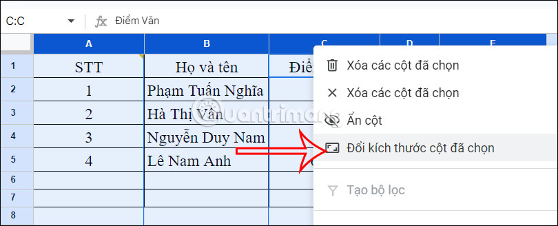 Thay đổi kích thước cột trong Google Sheets