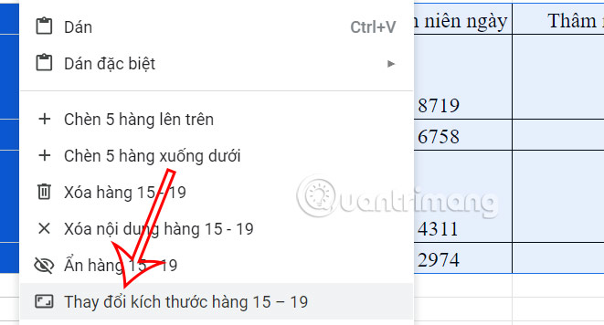 Thay kích thước hàng trong Google Sheets