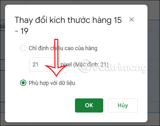 Chỉnh kích thước hàng theo dữ liệu trong Google Sheets